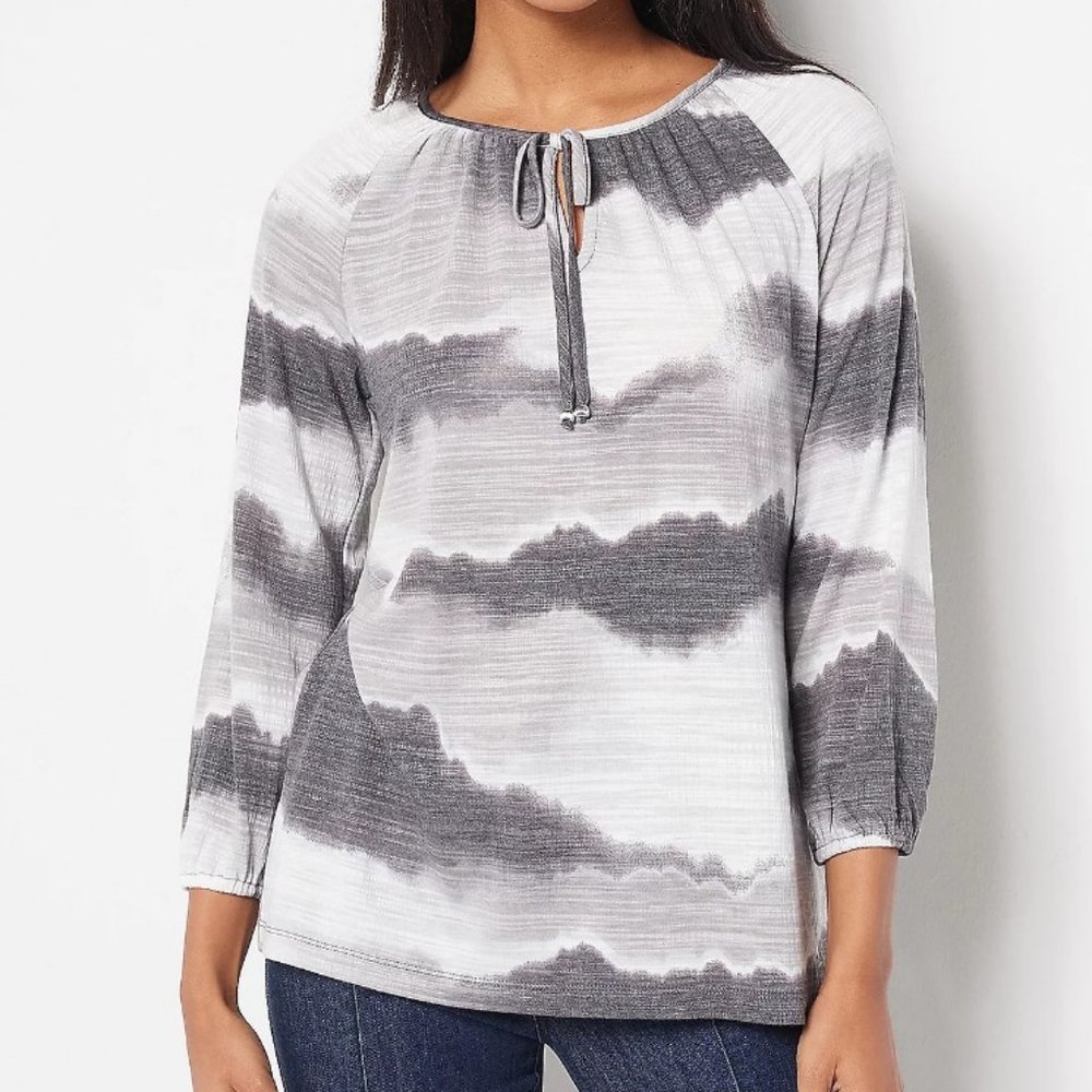 Susan Graver Tie Dye Print Crinkle Knit Long Sleeve Peasant Top  11477